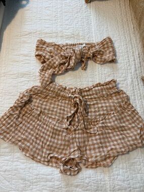 Olivaceous Tan and White Gingham Two-Piece Set